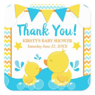 Yellow & Blue Rubber Ducky Polka Dot Baby Shower Square Sticker
