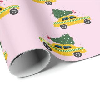 Yellow Cab Taxi Fir Tree Pattern Pink Christmasr