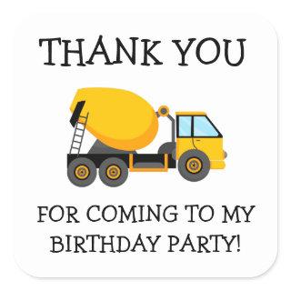 Yellow Cement Truck Child's Birthday Thank You Square Sticker