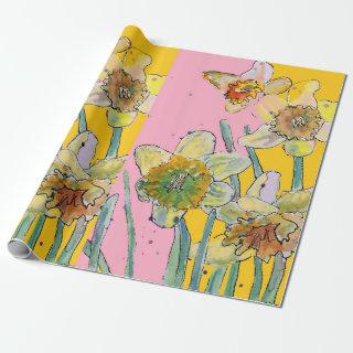 Yellow Daffodil Pink Spring flowers Watercolor