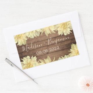 Yellow Dahlia Flower Rustic Wood Wedding Date Rectangular Sticker