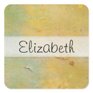 Yellow Green Damaged Cardboard Stitched Vellum Square Sticker