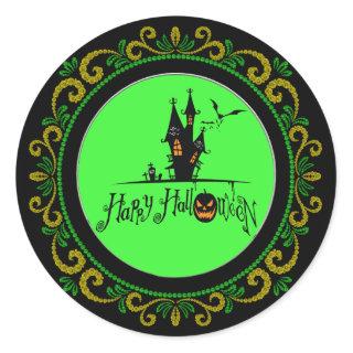 Yellow Green Happy Halloween Haunted House Classic Round Sticker