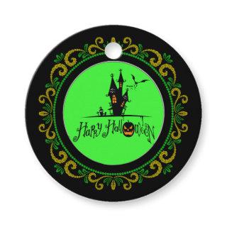 Yellow Green Happy Halloween Haunted House Favor Tags