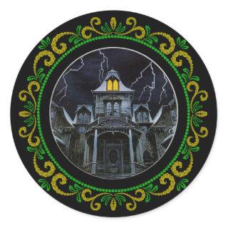 Yellow Green Haunted House Halloween Classic Round Sticker
