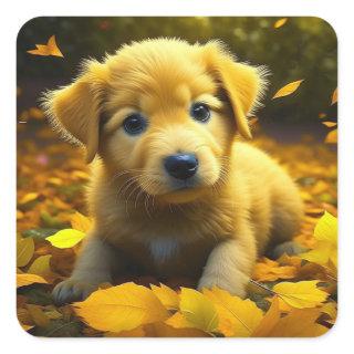 Yellow Labrador Puppy Playing in Fall Leaves Square Sticker