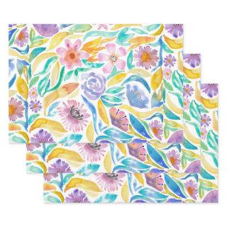 Yellow Purple Spring Watercolor Flowers Leaves  Sheets