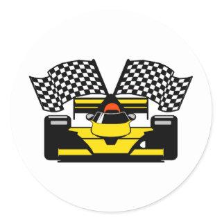 YELLOW RACE CAR CLASSIC ROUND STICKER