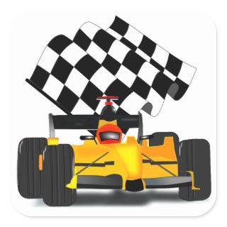 Yellow  Race Car with Checkered Flag Square Sticker