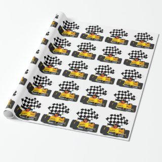 Yellow  Race Car with Checkered Flag