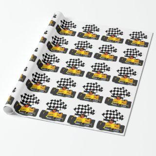 Yellow  Race Car with Checkered Flag