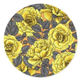 Yellow roses with gray leaves on orange classic round sticker