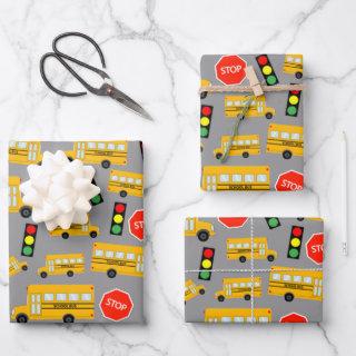 Yellow School Bus Stop Sign Traffic Lights Pattern  Sheets
