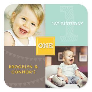 Yellow Square Sketch One Twins 1st Birthday Photo Square Sticker