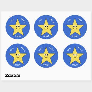 Yellow star teachers praise blue classic round sticker