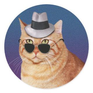Yellow Striped Cat with Sunglasses and Hat Classic Round Sticker