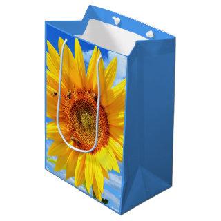 Yellow Sunflower and Bees on Blue Sky - Summer Day Medium Gift Bag
