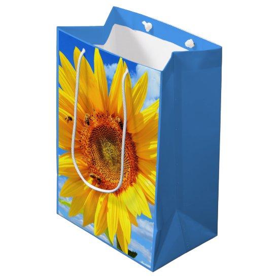 Yellow Sunflower and Bees on Blue Sky - Summer Day Medium Gift Bag