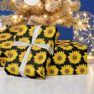Yellow Sunflowers on Black Monogram