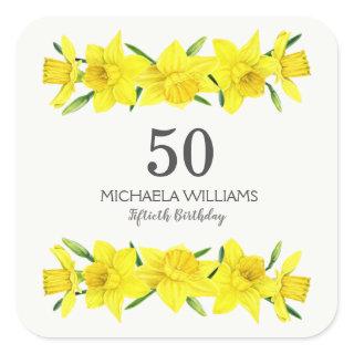 Yellow Watercolor Daffodil 50th Birthday Square Sticker