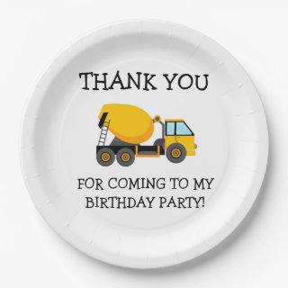 Yellow White Cement Truck Child's Birthday Thanks Paper Plates