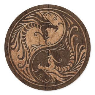 Yin Yang Dragons with Wood Grain Effect Classic Round Sticker