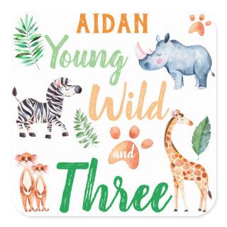 Young Wild and Three Safari Animal 3rd Birthday Square Sticker