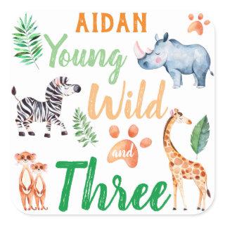 Young Wild and Three Safari Animal 3rd Birthday Square Sticker