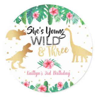 Young Wild & Three Dinosaur Girls Third Birthday Classic Round Sticker