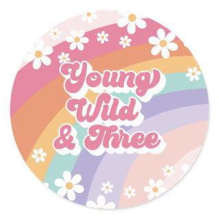 Young Wild Three Retro Rainbow 3rd Birthday Classic Round Sticker