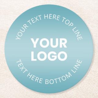 Your Logo w/Editable Aqua Blue & White Gradient  Round Paper Coaster