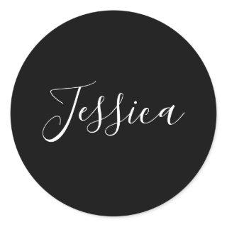 Your Name | Elegant White Script on Black Classic Round Sticker