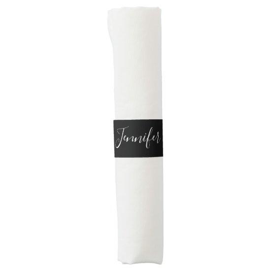 Your Name | Elegant White Script on Black Napkin Bands