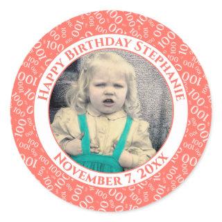 Your Photo 100th Birthday Number Pattern | Coral Classic Round Sticker
