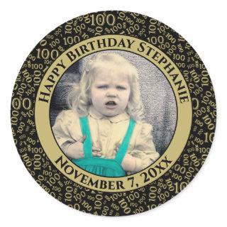 Your Photo 100th Birthday Pattern | Black/Gold Classic Round Sticker