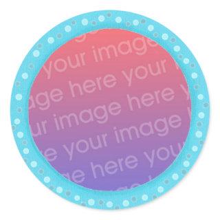 Your photo stickers, in a blue dots circle frame classic round sticker