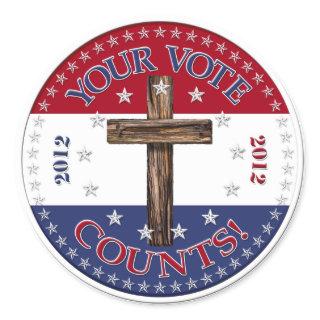 YOUR VOTE COUNTS! 2012 Round with rugged cross Classic Round Sticker
