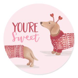 You're Sweet, Watercolor Dachshund Dog Pink Classic Round Sticker