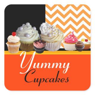 YUMMY BIRTHDAY CUPCAKES / ORANGE WHITE CHEVRON SQUARE STICKER
