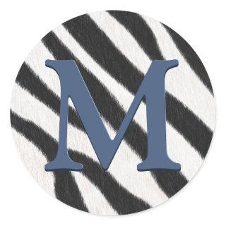 Zebra Fur Animal Print Blue Grey Monogram Classic Round Sticker