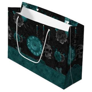 Zodiac Magic | Dark Teal Green Gothic Skull Roses Large Gift Bag