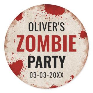 Zombie birthday party with rusty sign and blood classic round sticker