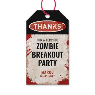 Zombie party thank you with a rusty sign and blood gift tags