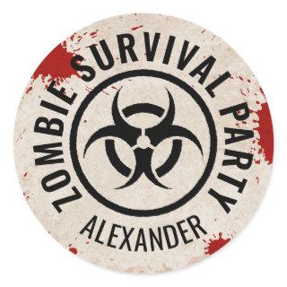 Zombie survival party with a rusty sign and blood classic round sticker